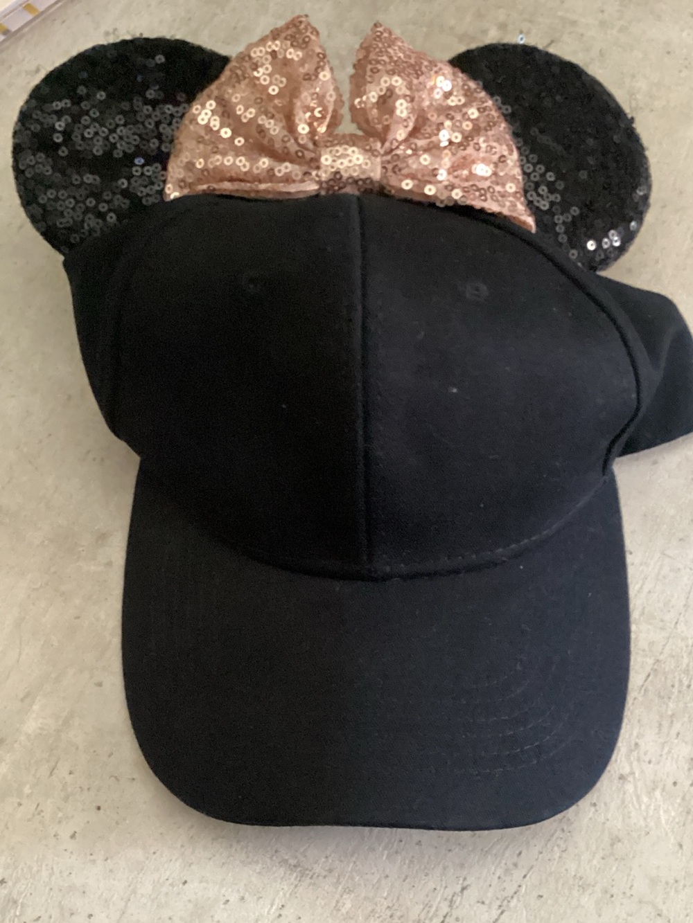 Disney Black Sequin Ear Baseball Hat with Rose Gold Bow